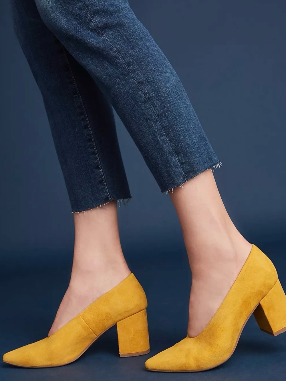 Anthropologie Seychelles yellow suede leather retro block heel pumps size 6.5